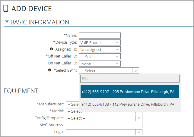 Dynamic E911 Dropdown